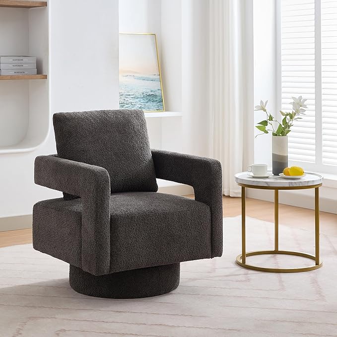Aoiy &amp Wifon 29.13 W 360 Degree Small Swivel Accent Chair Modern Living Room Accent Chair Comfy Swivel Barrel Chairs for Living Room Boucle Charcoal