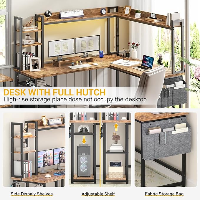 Aheaplus L Shaped Desk with Power Outlet L Shaped Gaming Desk with Led Light &amp Hutch Reversible Home Office Desk Corner Computer Desk Writing Desk with Monitor Stand &amp Storage Shelf Rustic