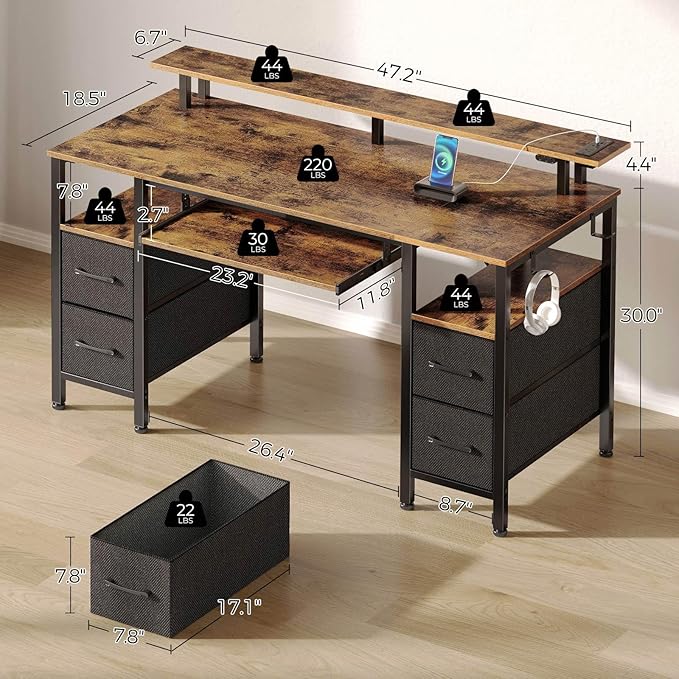 Seventable Computer Desk 47.2 with LED Lights &amp Power Outlets Home Office Desk with 4 Drawers Writing Desk with Keyboard Tray Study Table with Monitor Stand Work Desk for Home Rustic Brown