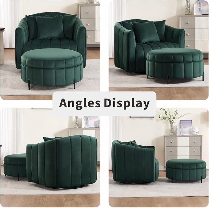 Mlmh &amp Kngwa 40.35 W Swivel Accent Chairs with Ottoman Oversized 360 Degree Swivel Barrel Chair with 3 Pillows Velvet Armchair for Living Room Bedroom Green