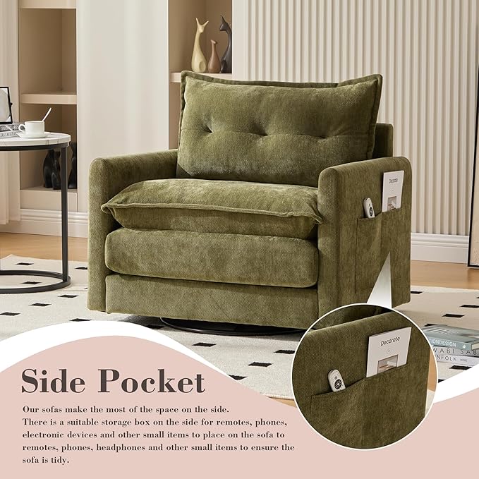Swivel Accent Chair Set of 2 Modern Swivel Barrel Chair for Living Room 360 Degree Comfy Square Accent Barrel Chair Upholstered Sofa Armchair for BedroomReading Chenille Olive Green
