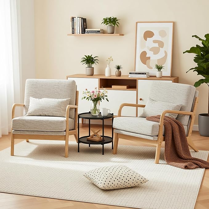 Claiks Mid-Century Modern Accent Chair Living Room Armchair with Solid Wood Frame &amp Lumbar Pillow Comfy Upholstered Lounge Chair for Bedroom Office Linen-Like Fabric Light Gray