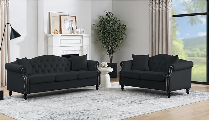 KEIKI 79 + 57 Chesterfield Sofa Retro Upholstered 3+2 Seater Velvet Couch with Rolled Arm and Nailhead for Living Room Bedroom Office Apartment Black