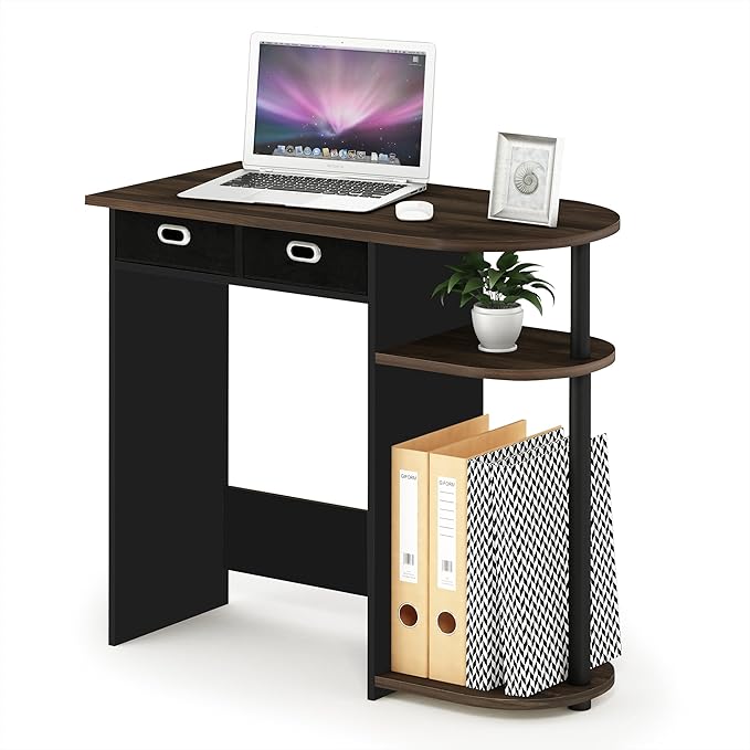 Furinno GO GREEN Desk 31.5 Wide Gaming Desk with 2 Side Shelves and Storage Bins Computer Desk Office Desk for Home Office Study Room Dorm Bedroom Columbia Walnut