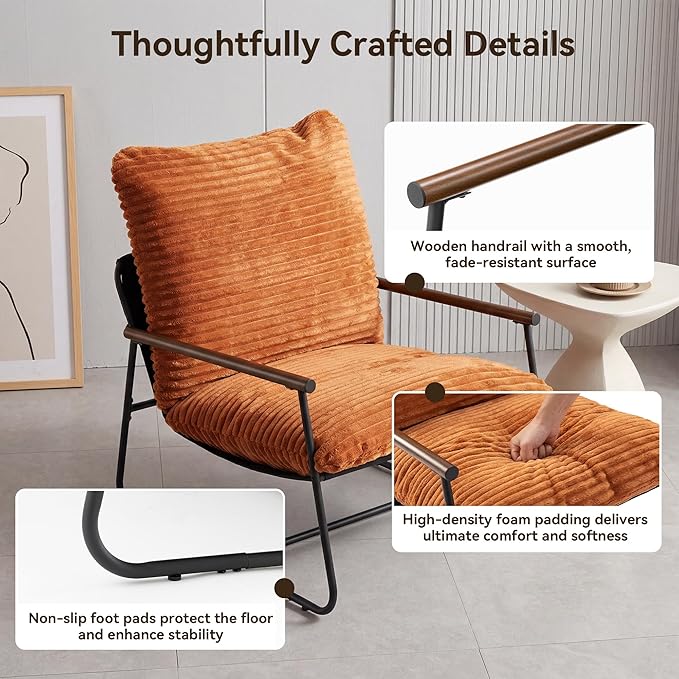 COSIEST Accent Chair for Living Room Modern Armchair with Wood Arms Retro Ribbed Upholstered Lounge Chair with Black Metal Frame Comfy Reading Chair for Bedroom Office Brown
