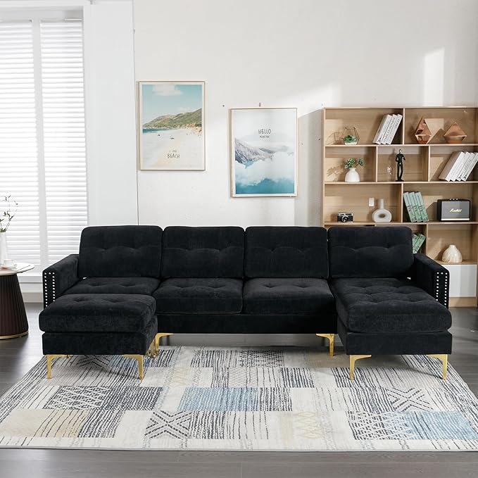 Polibi Luxury Velvet Convertible L-Shaped Sectional Sofa with Movable Ottoman 5-Seater Modern Couch with Storage Pockets for Living Room Apartment &amp Office (Black)
