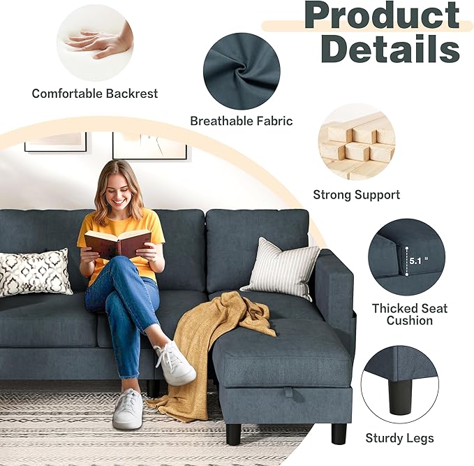 JY QAQA Convertible Sectional Sofa Couch with 3-Seat Sofa L-Shaped Ottoman Couch with Modern Linen Fabric for Small Living Room Apartment and Small Space (Dark Gray)