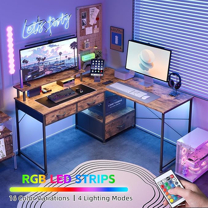 L Shaped Computer Desk 78.7 Reversible Home Office Desk with Printer Storage Shelf &amp 3 Fabric Drawers Two Person Desk with LED Lights &amp Power Outlet Corner Gaming Desk with Monitor Shelf