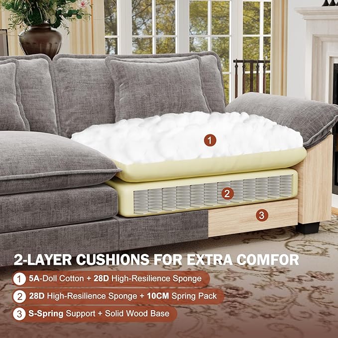 CDCASA 117 Oversized Modular Sectional Sofa with Corner Comfy L-Shaped Cloud Couch 4-Seater Chenille Deep Seat Modern Sofa Couch for Living Room DIY Combination Grey