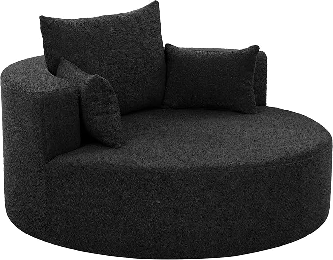 Oversized Round Swivel Chaise Modern 360°Swivel Barrel Chair with 3 Pillows Comfy Chenille Chaise Lounge Chair Indoor Single Cloud Circle Sofa for Living Room Bedroom Office (Black)