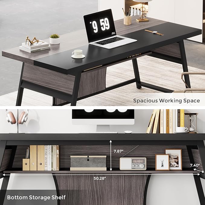 63-inch Executive Desk with Storage Shelf Large Home Office Desk with Metal Frame &amp LED Light Long Computer Desks for Home Office Gray and Black