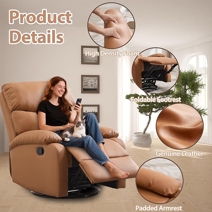 Genuine Leather Rocker Recliner Modern Manual Swivel Glider Recliner with Adjustable Backrest &amp Footrest Wall Hugger Swivel Rocking Recliner Chair for Modern Living Room and RV Warm Brown