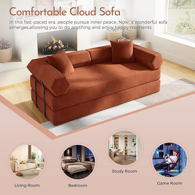 79'' Convertible Sofa Bed 5-in-1 Folding Sleeper Couch with Pull Out Bed Corduroy Modular Floor Sofa No Assembly Space Saving Guest Bed for Living Room Apartment Bedroom (Orange1) | Convertible Sof