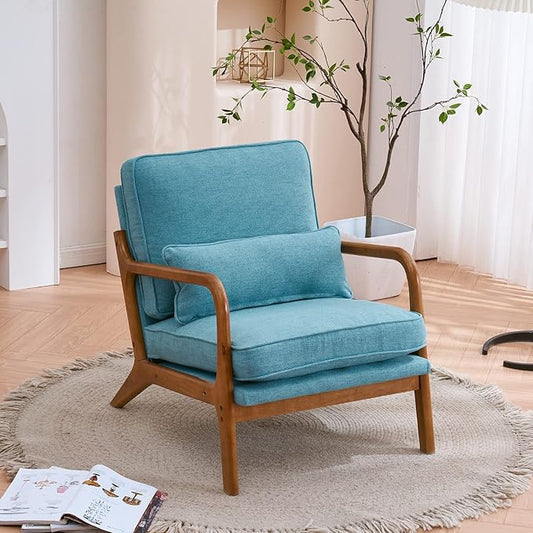 Mid Century Modern Accent Chair with Wood Frame Upholstered Living Room Chairs with Waist CushionLounge Reading Comfy Arm Chair for Living RoomEasy AssemblyTeal