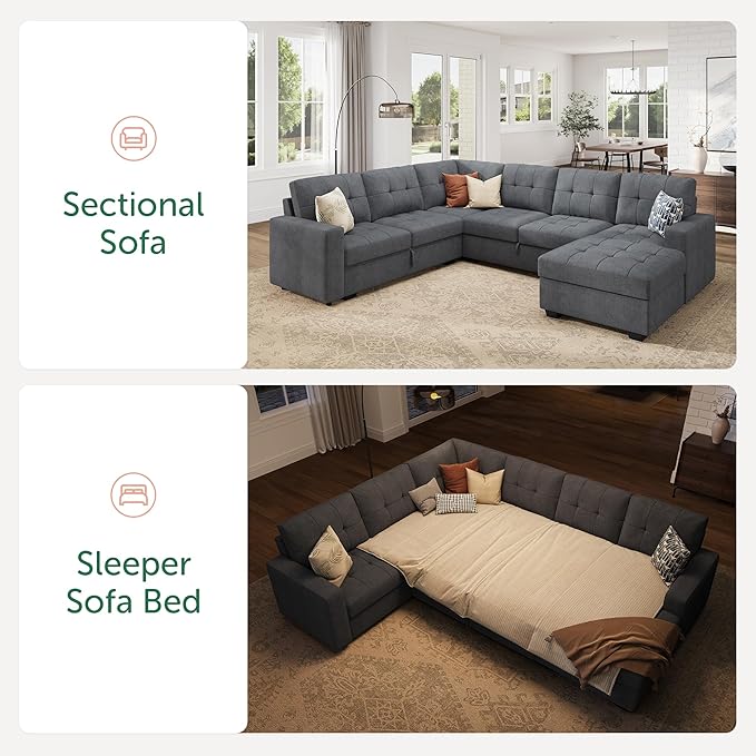 HONBAY Sectional Sleeper Sofa Sleeper Sofa Couch with Storage Chaise Sectional Couch with Pullout Bed for Living Room Bluish Grey