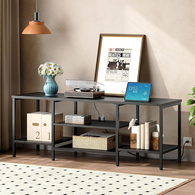 HOOBRO TV Stand with Power Outlets to 65 Inches TV Console Table with Open Storage Shelves Industrial Media Entertainment Center for Living Room Bedroom Black BB40DS01