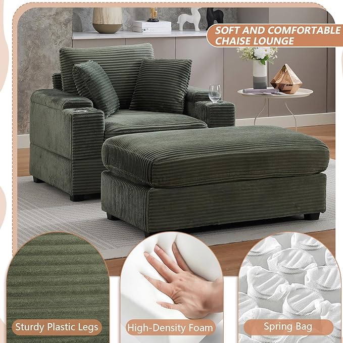50 Oversized Chaise Lounge Chair Indoor with Ottoman and Storage Deep Seat Upholstered reading Chair Comfy Corduroy Sleeper Chair with Cup Holder Reclining Chair for Living Room Bedroom Green