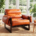 Mid Century Modern Accent Chair Leather Reading Chair with Solid Wood Frame and Removable Padded Armrests Upholstered Armchair for Living Room Balcony Lounge Reading Room Retro Orange