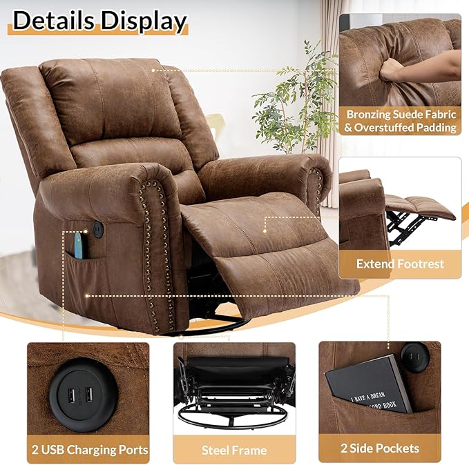 Manual Massage Recliner with Heating Function 360° Swivel Glider Rocking Recliner Chair for Living Room Ergonomic Single Sofa Chair with Remote Control/USB Ports/Side Pockets(Brown)