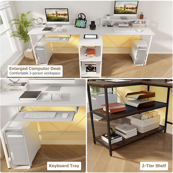 Giantex 94.5” 2 Person Desk with LED Lights Long PC Study Desk with Storage Shelves Power Outlets Keyboard Tray &amp Monitor Stand Double Computer Desk Workstation for Home Office (White)