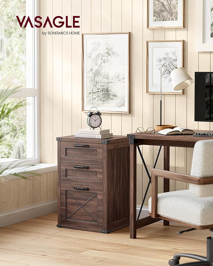 VASAGLE File Cabinet Filing Cabinet with 3 Drawers Printer Stand Fit A4 Letter Size Hanging File Folders Modern Farmhouse Style for Home Office Maroon Brown UOFC054K02