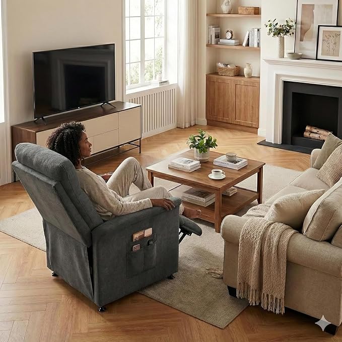 Power Recliner Chair for Adults with Heat &amp Massage - Soft Fabric Electric Reclining Sofa with Remote Control 3 Side Pockets 180° Lay Sleeper for Living Room Home Theater Dark Grey