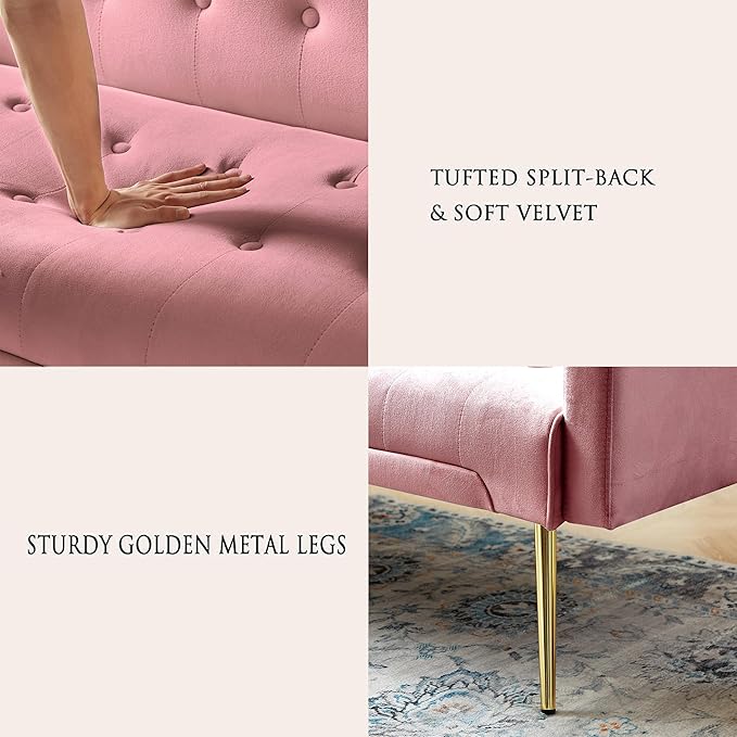 Anwick Modern Velvet Futon Sofa Bed: 72 Satin Convertible 2 Pillows Tufted Back Golden Metal Legs Folding Sleeper Loveseat for Small Space Home Office Living Room (Pink)
