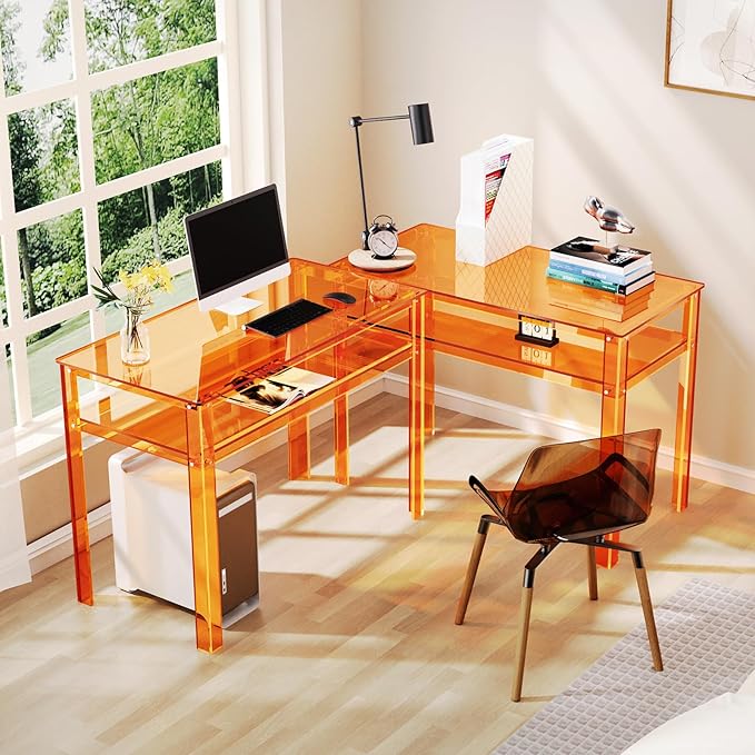Clear Acrylic Desk with Open Storage Home Office Computer Writing Desk Office Study Table (Orange 39.4'' x 19.7'' x 29.5'')