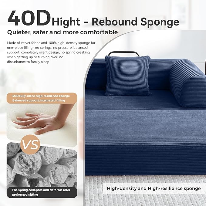 Convertible Sofa Bed with Corduroy PillowComfy Floor Sofa Bed Compressed Sofa in Box Convertible Sofa Bed for Living Room Bedroom Lounge Studio Comfy High Density Foam Mattress(Navy Blue)