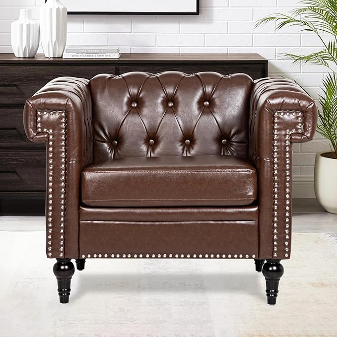 Modern Living Room Chairs Oversized Chesterfield Chair Brown Faux LeatherTufted Arm Accent Chairs Deep Seat Comfy Classic Club Wingback Single Sofa Chair for Bedroom Office Sofa Chair Sets