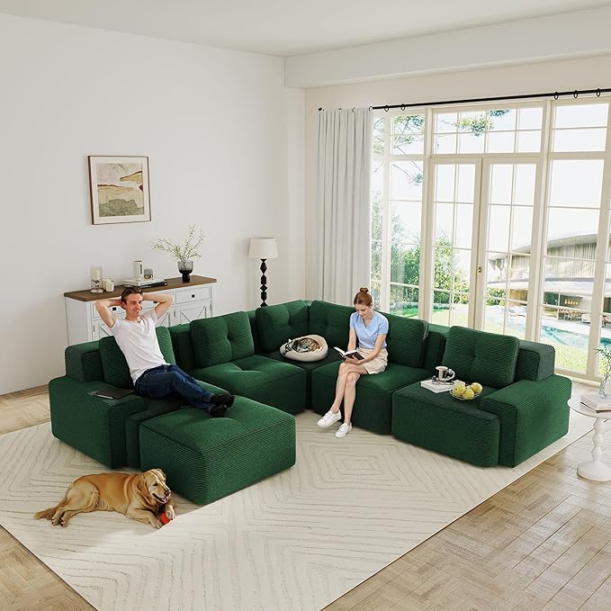 Corner Boneless Couch Modular Sectional Sofa Modern 8-Seater C Shaped Sectional Couches for Living Room with Deep Seat and Ottoman Oversized Comfy Corduroy Cloud Couch Sleeper Sofa Green