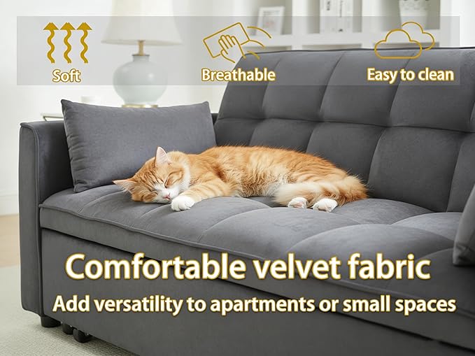 70 3-in-1 Velvet Sleeper Sofa Bed Convertible Pull Out Couch w/Adjustable Back Armrests &amp Storage. Modern Black Futon for Living Room Bedroom Small Space - 2 Pillows Included Grey