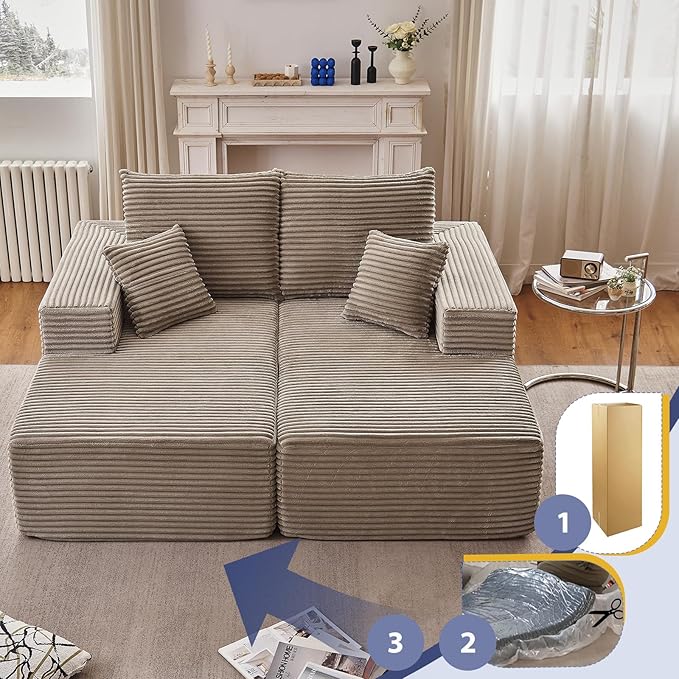 75Oversized Chaise Lounge ChairSectional Double Lounge Chaise with Pillows Upholstered Corduroy Boneless Lounge Chair Fluffy Modern Loveseat Sleeper Sofa for Living Room or Bedroom(Camel)