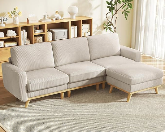 Vesgantti 97 Modular Sectional Sofa Light Gray L-Shaped Couch with Movable Ottoman Comfy Corduroy Couch with Spring Cushion Modular Sofa with Deep Seat for Living Room Bedroom and Apartment