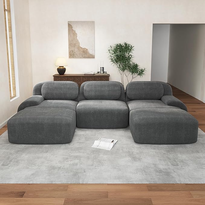116.1 Modular Sectional Sofa Boneless Cloud Couch 3-Seater Deep Seat Cloud Couch Luxury Corduroy Fabric Sofa for Living Rooms Bedrooms Apartment (Grey 116.1inch+2Ottoman)