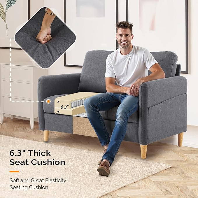 VINGLI 47 Small Couch Dark Grey Linen Loveseat Sofa Mini Couch Mid Century Modern Decor Love Seat for Small Spaces Living Room Bedroom Play Room