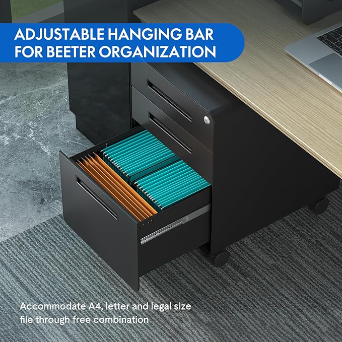 FLEXISPOT Metal File Cabinet for Home Office Mobile File Cabinet with Lock 3 Drawer Filing Cabinets for Legal/Letter/A4 File Round Corner DesignBlack