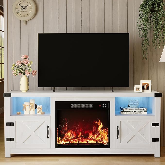 YESHOMY LED Fireplace TV Stand with Mood Lighting TV Cabinet with Open Shelf Farmhouse Media Console with Hidden Cable Routing Entertainment Center for Televisions up to 65+ Inch White