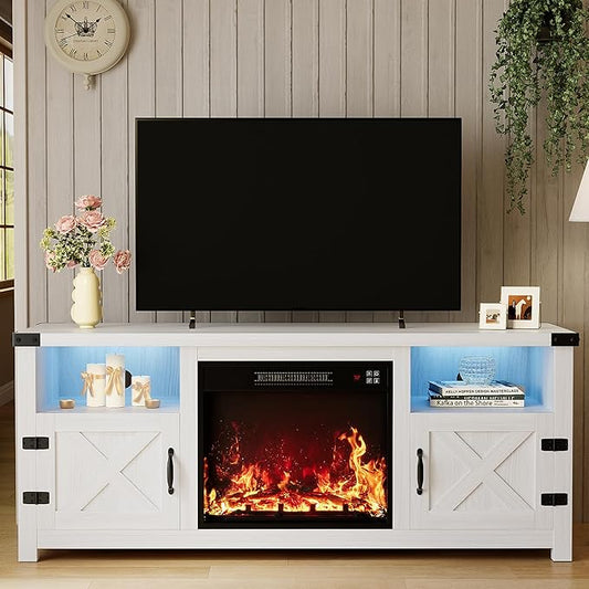YESHOMY LED Fireplace TV Stand with Mood Lighting TV Cabinet with Open Shelf Farmhouse Media Console with Hidden Cable Routing Entertainment Center for Televisions up to 65+ Inch White
