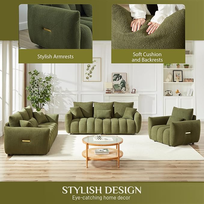 Teddy Cloud Sofa Couch Modern Deep Seat Boucle Single Sofa Chair Comfy Upholstered Sherpa Couch with Pillow Oversized Accent Armchair for Living Room Apartment Office Olive Green