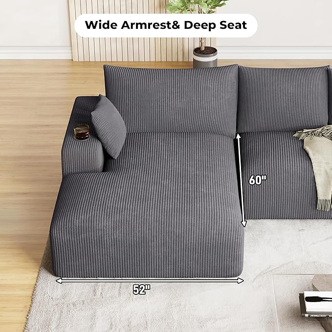 Oversized L Shaped Boneless Couch with 52 Wide Oversize Chaise 113 Fluffy Cloud Sectional Couches for Living Room Plush Corduroy Memory Foam Modular Sectional Sofa with Cup Holder Grey