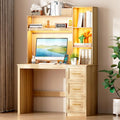 LVSOMT 40” Home Office Desk with Hutch and Drawers Computer Desk with Power Outlets and LED Light Study Writing Gaming Table with Storage Shelves Workstation for Bedroom Wood