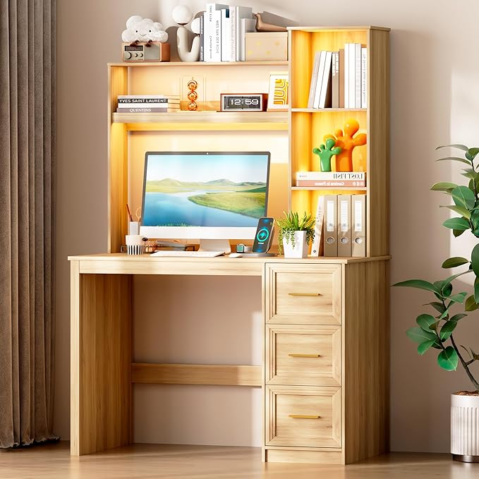 LVSOMT 40” Home Office Desk with Hutch and Drawers Computer Desk with Power Outlets and LED Light Study Writing Gaming Table with Storage Shelves Workstation for Bedroom Wood