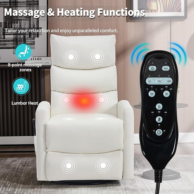 Manual Swivel Rocker Recliner Chair for Adults Overstuffed Glider Recliner for Nursing with Vibration Massage &amp Heat Living Room Rocking Recliner 3-Stage backrest Faux Leather White