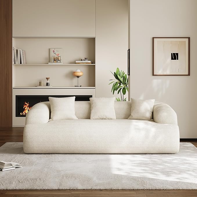 Oversized Sectional Sofa for Living Room Modern Luxury Plush Chenille 3-Seater Extra Deep &amp Wide Seat Curved Cloud Couch with 3 Throw Pillows No Assembly Needed Cream White （91 inch）