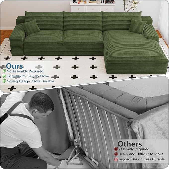 107”Cloud Sectional Couch Boneless Sofa for Living Room Modular Sectional Sofa with Deep Seat Fluffy Comfy Couch with L-Shaped Chaise No Assembly Required Comfy Upholstered Corduroy Couches Right