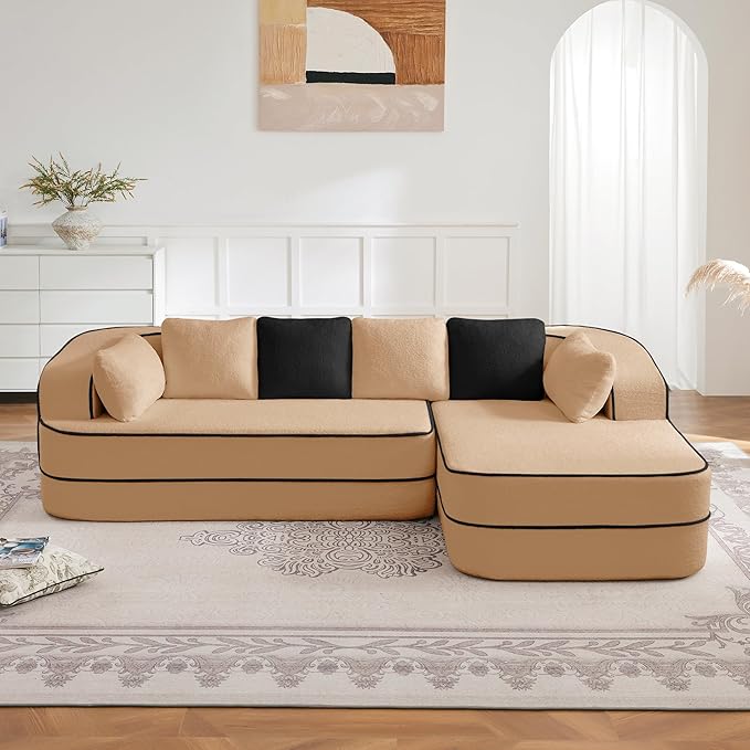 105.9 L-Shaped Boneless Sofa Right Chaise Plush Teddy Fabric 3-Seater Sectional Couches with 32D High-Resilience Foam Wide Arms for Living Room ApartmentCamel