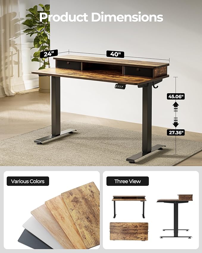 FEZIBO 40 x 24 Inch Height Adjustable Electric Standing Desk with Double Drawer Stand up Home Office Computer Desk with 4 Height-Adjustable Feets &amp 2 Hooks Rustic Brown
