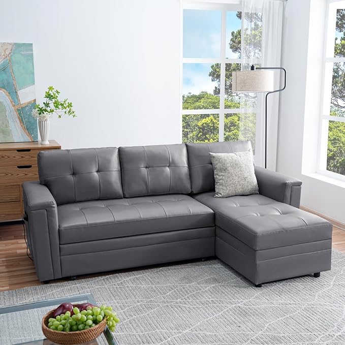 Naomi Home L-Shaped Sectional Sleeper Sofa with USB Ports - Convertible Pull-Out Bed Ample Storage Timeless Design Durable Construction Gray/Air Leather