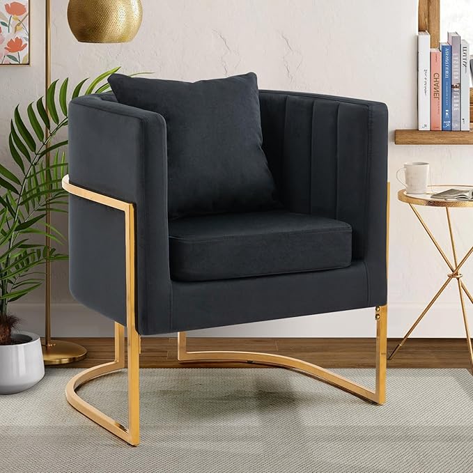 Velvet Modern Accent Chair Upholstered Barrel Armchair Mid Century with Pillow for Living Room Comfy Single Vanity Chair with Metal Gold Legs for Bedroom Black